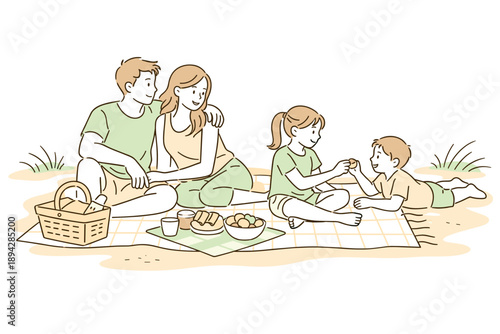 Family Picnic Bliss. Family spending time together on a picnic blanket, relaxed poses and subtle gestures showing comfort and