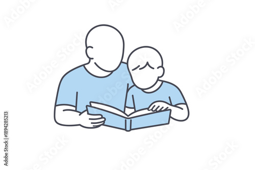 Bedtime Story Moments. Parent and child sit close together turning pages of a bedtime book Minimalist flat line vector