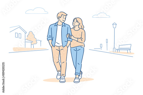 Silent Walk Together. Couple enjoying a silent walk down a calm street, casual steps and soft expressions reflecting ease and