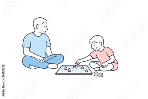 Family Board Game. Two family members sit on the floor playing a board game during relaxed home time Minimalist flat line vector