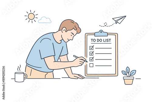 Task List Reflection. Man checking off tasks on a to do list, slight lean forward as he writes and reflects on progress, modern