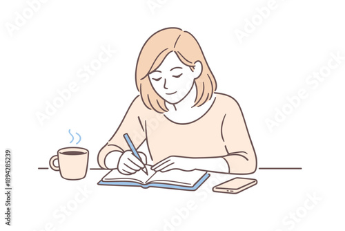 Thoughtful Notebook Reflection. Woman calmly recording ideas and feelings in a notebook, slight lean forward and focused