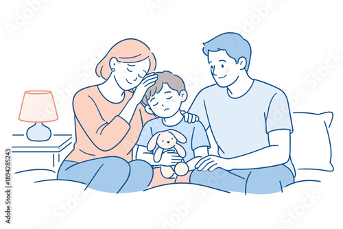 Cozy Family Moments. Parents calming their sleepy child before rest, sitting comfortably with subtle comforting gestures and soft