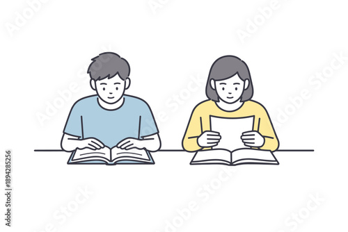 Studious Companions. Two friends sit side by side at a table quietly reading study materials Minimalist flat line vector