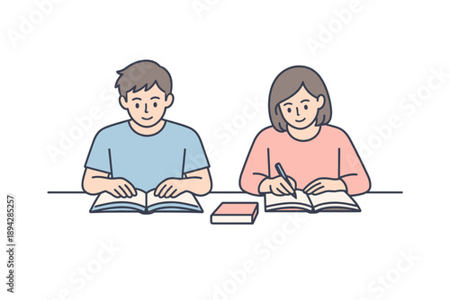 Studious Companions. Two friends sit side by side at a table quietly reading study materials Minimalist flat line vector