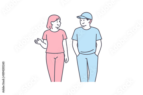 Evening Stroll Companions. Two friends stroll together chatting casually as evening sets in around them Minimalist flat line