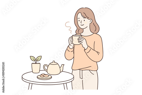 Relaxing Tea Moment. Woman stands near a table holding a warm cup of tea and unwinding Minimalist flat line vector illustration,
