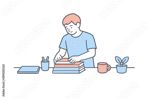 Organized Desk Setup. Man places books and notebooks neatly on a desk while organizing work area Minimalist flat line vector