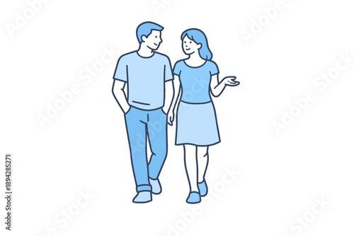 Sunny Stroll Duo. Couple strolls slowly sharing conversation during a pleasant sunny afternoon Minimalist flat line vector