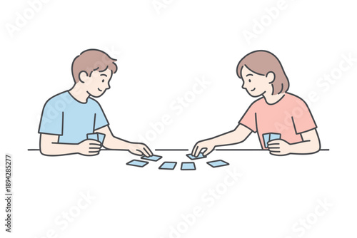 Minimalist Card Game. Two friends sit across from each other placing cards on a table quietly Minimalist flat line vector