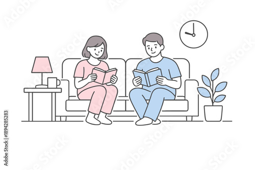 Quiet Evening Reading. Couple relaxes on a sofa reading quietly as part of an evening routine Minimalist flat line vector