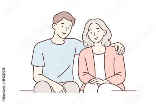 Family Bonding Moment. Two family members sit side by side enjoying a peaceful shared moment Minimalist flat line vector