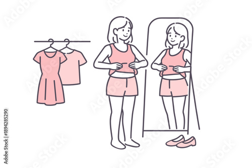 Choosing an Outfit. Woman stands near a mirror adjusting clothes while deciding what to wear Minimalist flat line vector