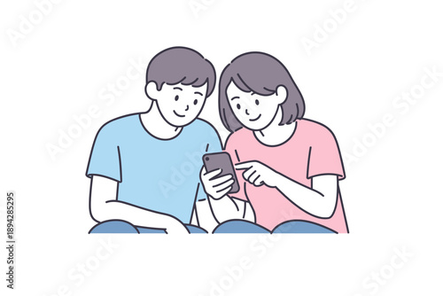 Friends' Phone Moment. Two friends sit side by side scrolling through a phone together with relaxed focus Minimalist flat line