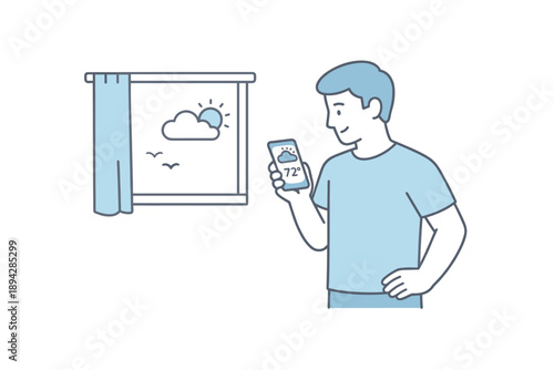 Minimalist Weather Check. Man stands near a window checking the weather forecast on his phone Minimalist flat line vector