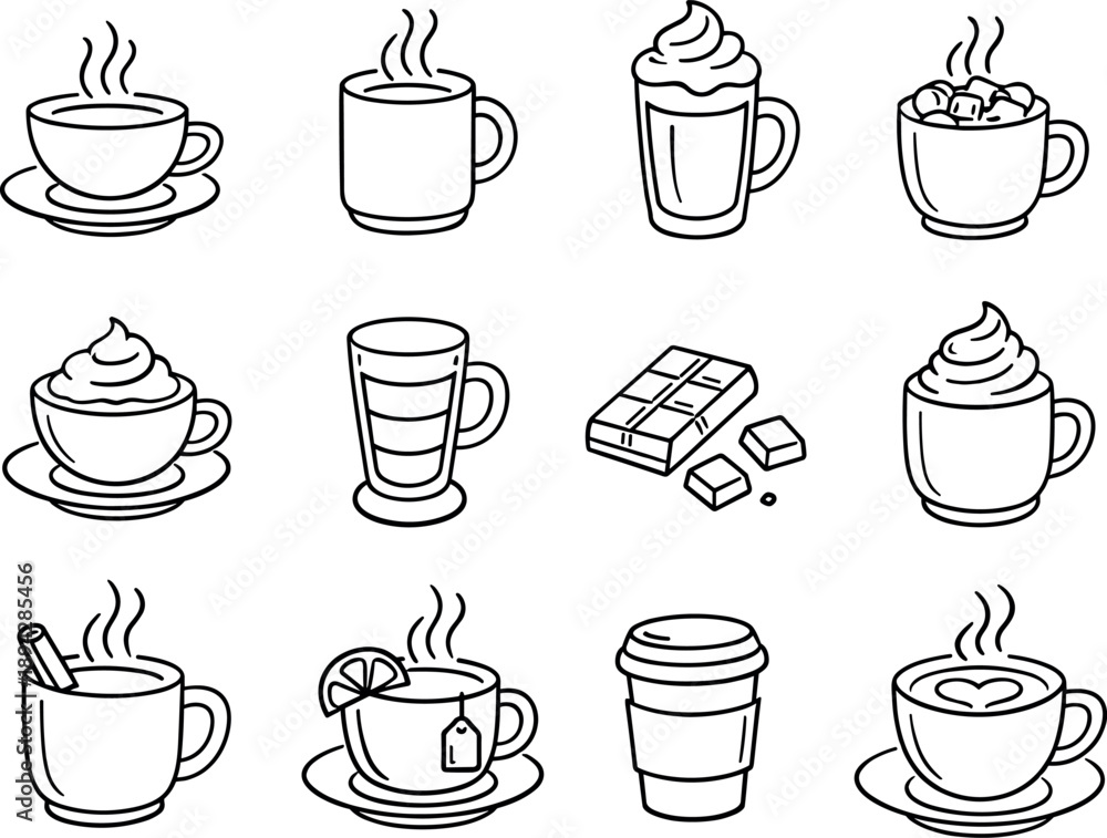 Fototapeta premium Line style vector icons of warm beverage enjoyment: tea, coffee, cocoa, latte; cup, mug, saucer, handle; steam, chocolate,