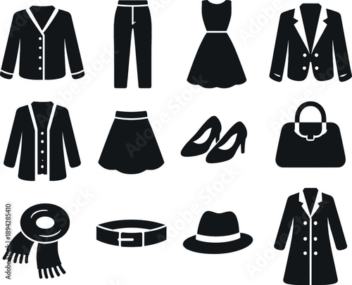 Capsule Wardrobe Icons. Solid vector icons of capsule wardrobe: blouse, trousers, dress, jacket, cardigan, skirt, shoes, bag,