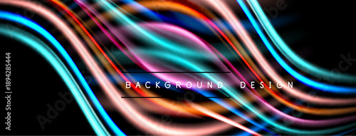 Abstract vibrant lines create flowing shapes. Bright colors blend against dark background. Text reads background design.