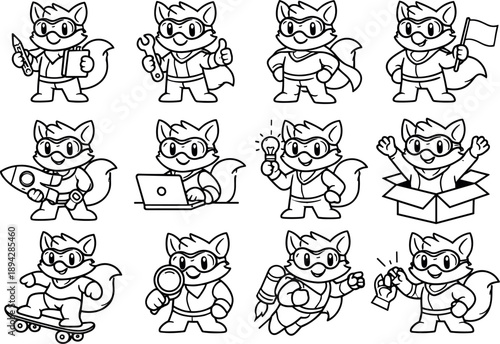 Line style vector icons of illustrated brand hero: sketch, outline, lineart, draft; proportion, silhouette, contour, shape; style
