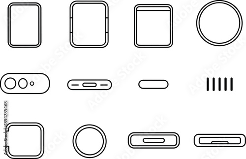 Line style of protective gadget shell vector icons: frame, bumper, lip, rim; camera, port, button, speaker; access, cutout, hole,