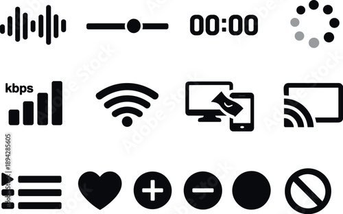 Solid vector icons of streaming playback: waveform, progress bar, time counter, buffering spinner, bitrate meter, connection