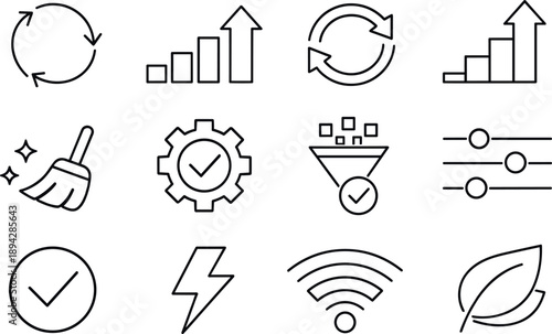 Cycle Icons Grid. Line style icons of digital renewal cycle: cycle arrows, evolution, progress, update; system clean, optimize,