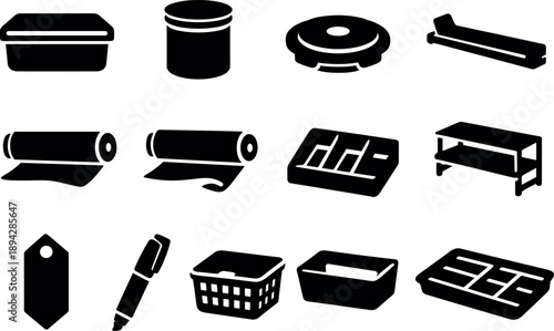 Solid vector icons of kitchen storage tools: food container, storage jar, vacuum lid, sealing clip, wrap roll, foil roll, drawer