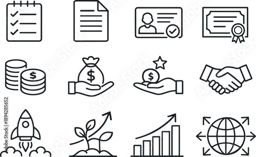 Startup Journey Icons. Line style icons of business startup journey: checklist, document, permit, license; finance, loan, grant,