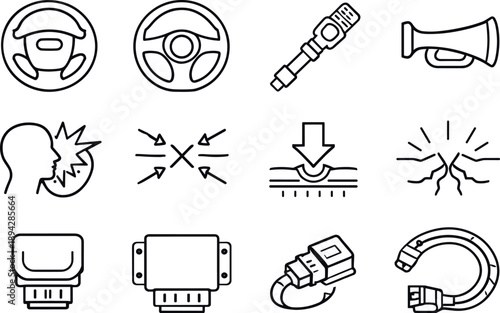 Line style vector icons of driver airbag: steering hub, wheel rim, column shaft, horn; impact zone, stress, load, pressure;