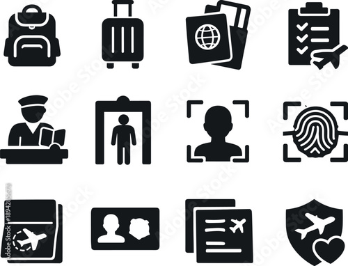 Solid vector icons of passport visa: travel bag, suitcase, passport holder, customs form, immigration officer, security