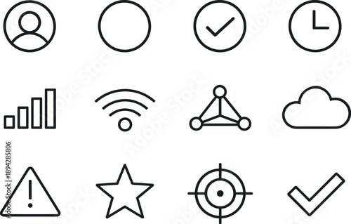 Line style of Notification status vector icons: online, offline, active, idle; signal, wifi, network, cloud; attention, highlight
