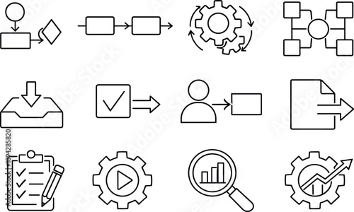 Line style vector icons of Business process icons: process, workflow, operation, system; input, task, step, output; plan, execute