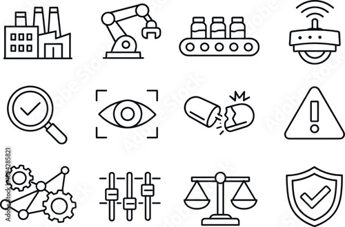 Line style icons of pharma manufacturing AI: factory, robot arm, conveyor, sensor; quality check, vision scan, defect, alert;