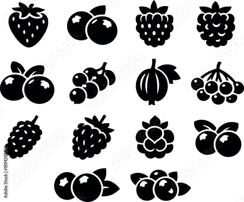 Solid vector icons of berries assortment: strawberry, blueberry, raspberry, blackberry, cranberry, currant, gooseberry,