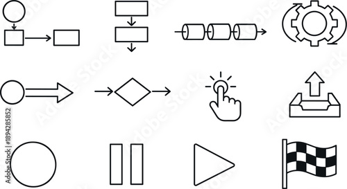 Line style vector icons of planning workflow icons: workflow, sequence, pipeline, process; input, decision, action, output; start