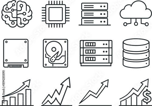 Line style vector icons of AI boom and SSD price surge: ai, chip, server, cloud; ssd, drive, storage, rack; graph, arrow, spike,