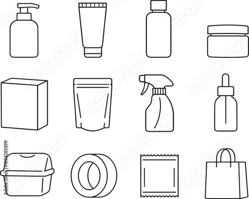 Line style of minimal soft packaging vector icons: minimalist, simple, plain, pure; reduce, soften, round, refine; clarity, order