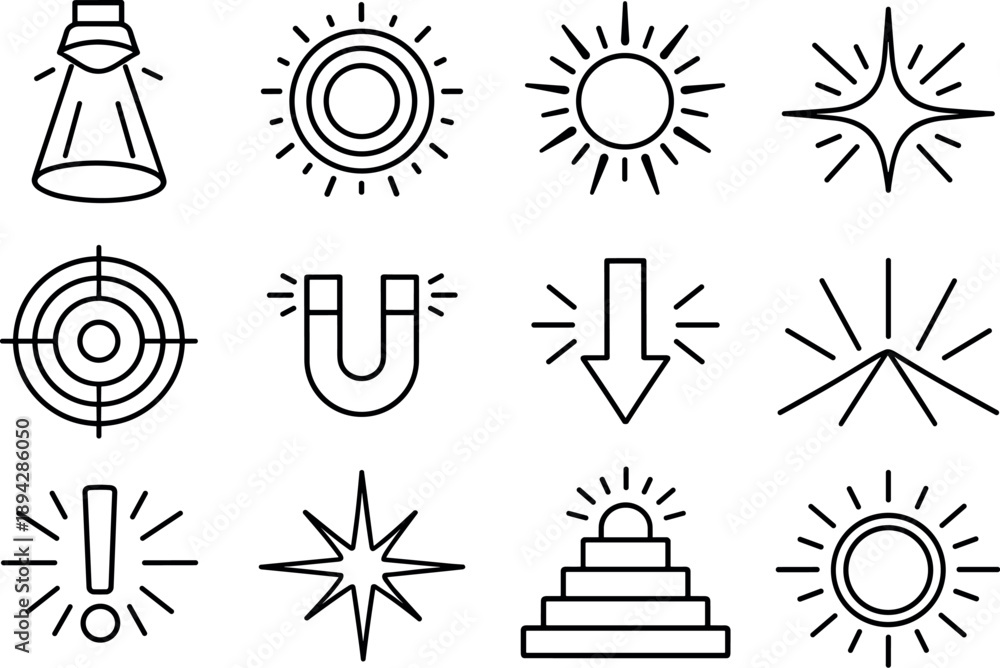Fototapeta premium Line style vector icons of glowing radial focus: spotlight, aura, corona, shine; emphasize, attract, guide, draw; attention,