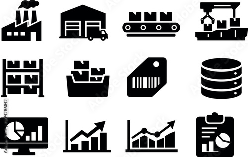 Solid vector icons of supply chain operations: factory, distribution center, conveyor belt, sorting machine, inventory shelf,