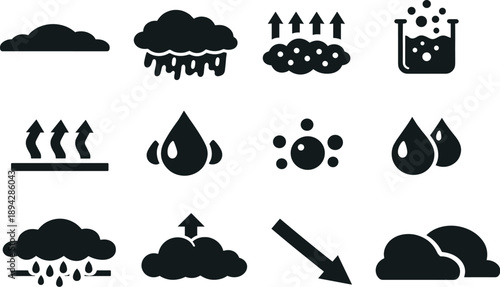 Solid vector icons of atmospheric rain science: stratus cloud, nimbostratus, condensation, saturation, evaporation, humidity,