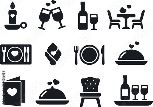 Solid vector icons of romantic celebration: candle, wineglass, bottle, table, chair, placemat, napkin, plate, cutlery, cloche,