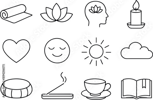 Line style of Meditation session vector icons: Yoga mat, Lotus, Mind, Candle; Heart, Calm, Sun, Cloud; Cushion, Incense, Tea,