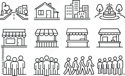 Neighborhood Icons Grid. Line style of neighborhood business vector icons: street, house, block, square; shop, kiosk, stall, booth