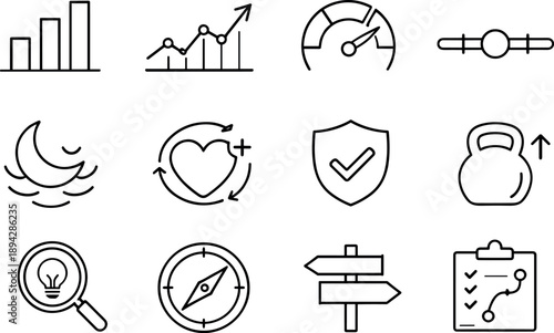 Line style of data driven wellness icons: chart, trend, score, range; sleep cycle, recovery, readiness, load; insight, guidance,