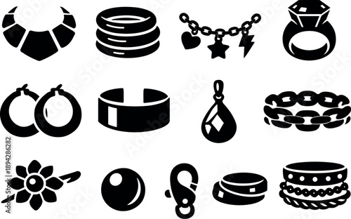 Solid vector icons of 80s chunky jewelry: statement necklace, bangle set, charm bracelet, ring, hoop earring, cuff, pendant,