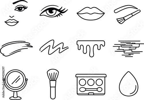 Line Style Makeup Icons. Line style vector icons of asymmetrical makeup: face, eye, lip, brow; smear, stroke, drip, glitch; mirror