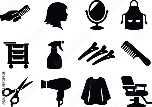 Solid vector icons of professional hair styling: stylist hand, client head, mirror, apron, trolley, spray bottle, sectioning