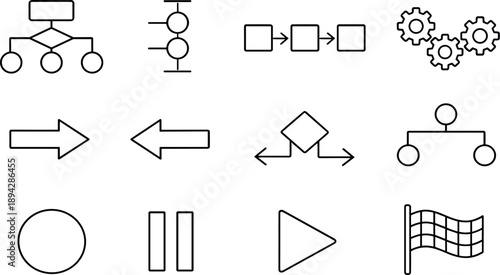 Line style vector icons of office workflow icons: workflow, pipeline, sequence, process; input, output, decision, branch; start,