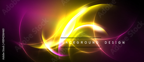 Abstract vibrant design features flowing yellow, purple light streaks. Dark background enhances luminosity, creating dynamic visual effect.