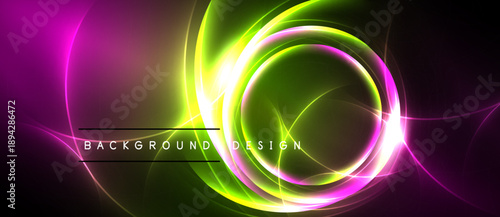 Vibrant neon circles overlap, creating dynamic light effects. Dark background emphasizes glowing colors, modern design element.